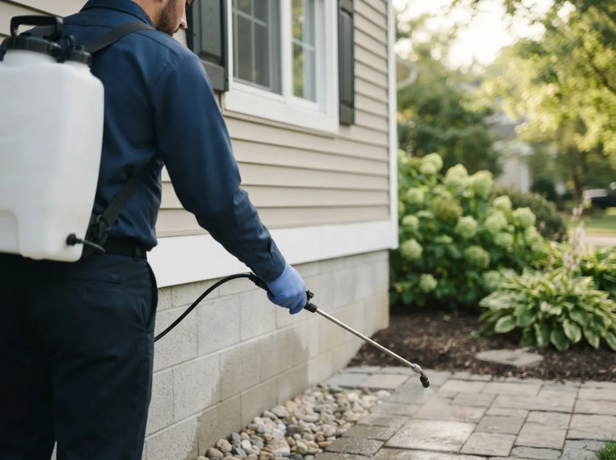Pest control technician inspecting a home in Palmyra, NY